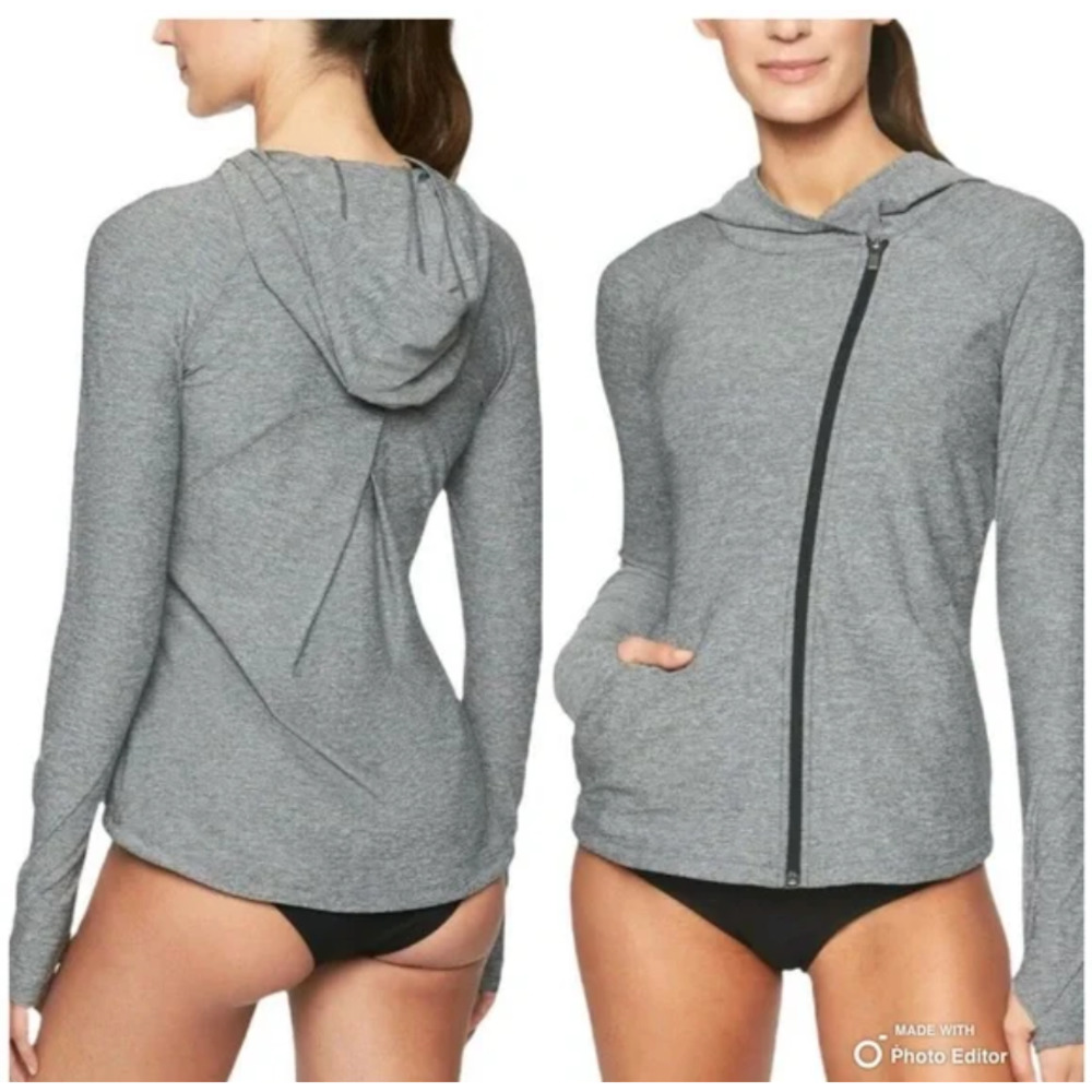 ATHLETA Pacifica Pleated Hoodie Asymmetrical Zip Heather Charcoal Women's M